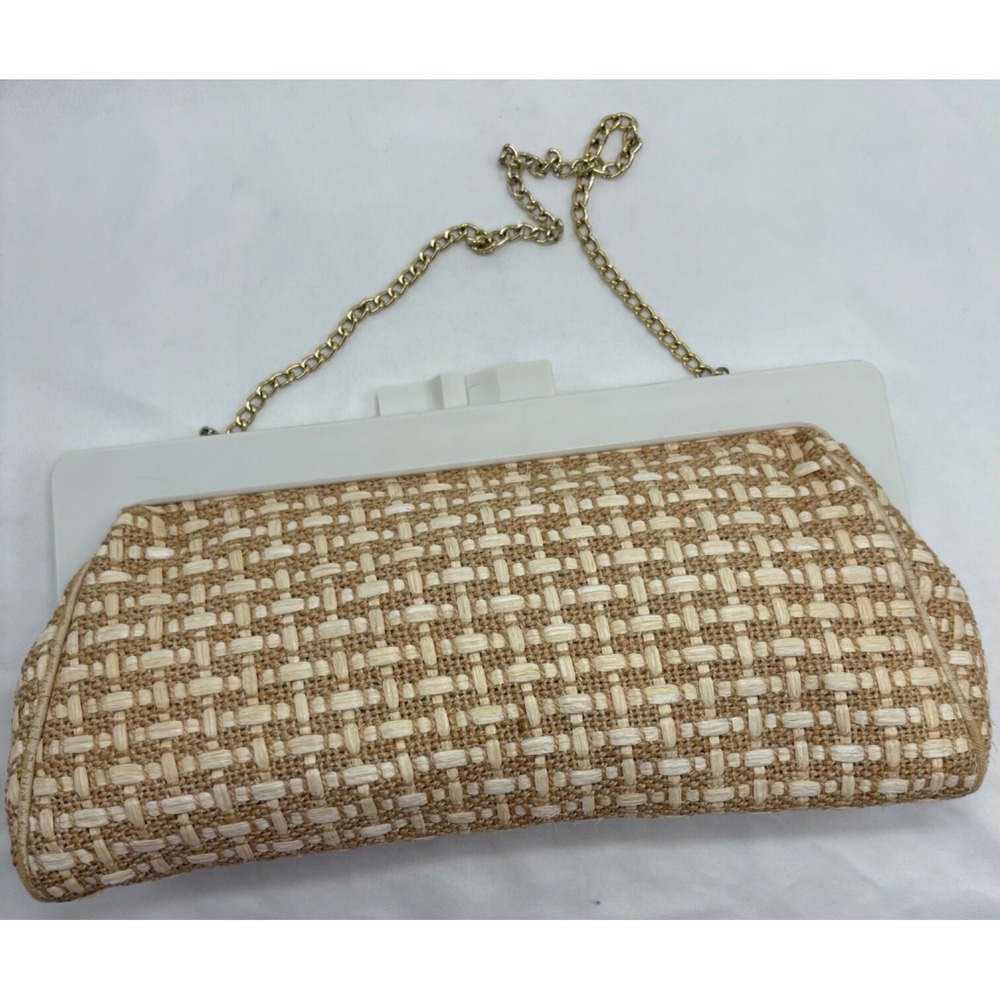 Vintage Woven Straw Raffia Clutch Purse Plastic Snap‎ Closure Chain Strap